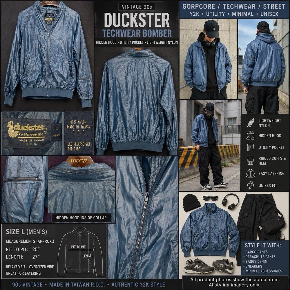 VTG Duckster Techwear Nylon Bomber Jacket Hidden Hood Gorpcore Utility L EUC 90s